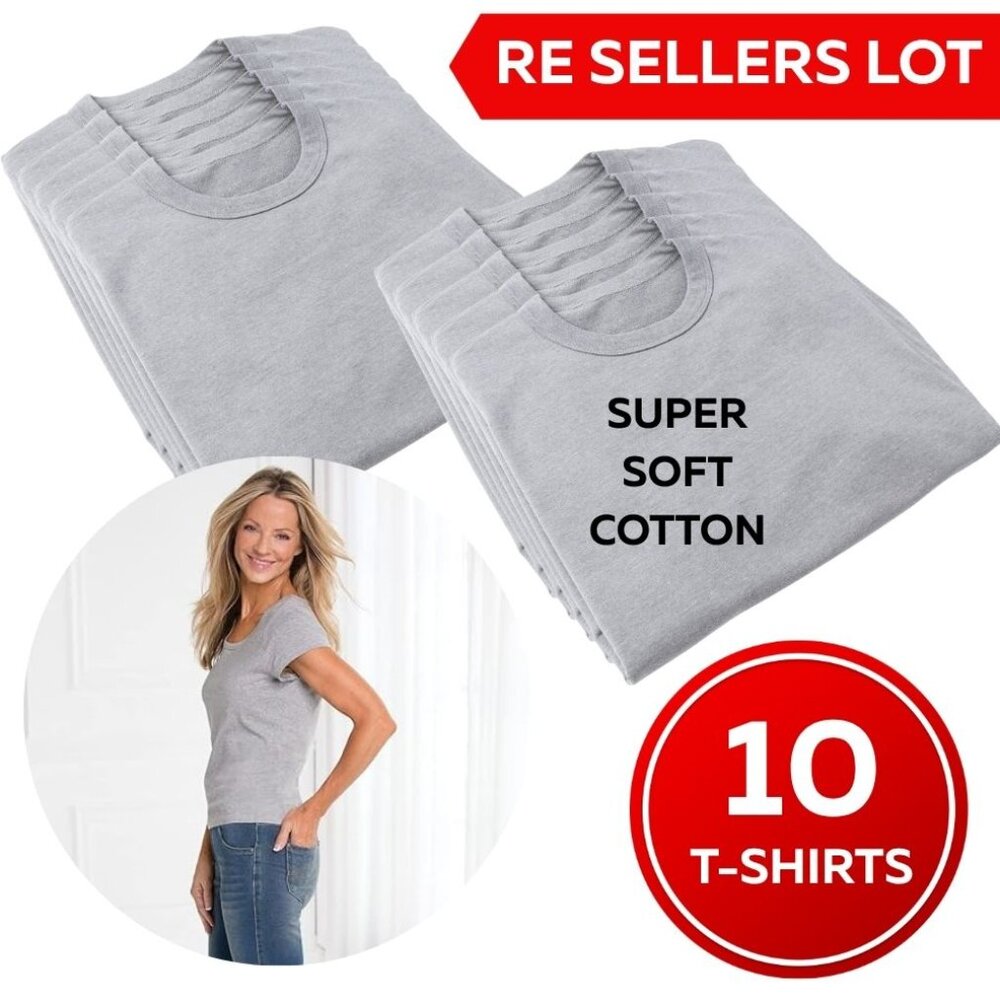 Gray T Shirts- NEW BULK Resellers Lot of 10 -100% Cotton - Super Soft - Women's